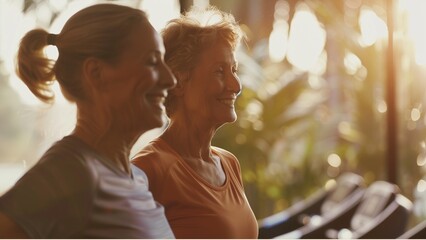Obraz premium a senior couple exercising together at a fitness center, highlighting their active & healthy lifestyle in their retirement years. This scene captures their dedication to maintaining physical fitness