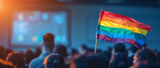 LGBTQ+ pride flag waving at a vibrant community event with a diverse audience, symbolizing unity, diversity, and acceptance.