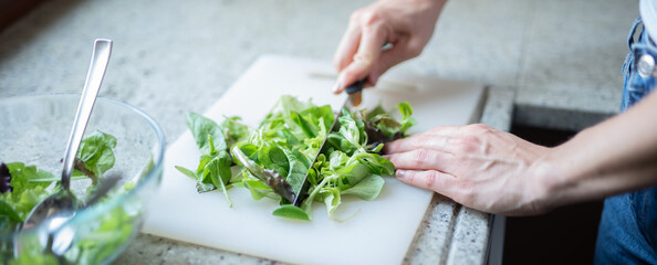 Woman preparing healthy green salad in a modern kitchen