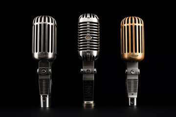 vintage microphones isolated on black background