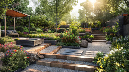 Obraz premium a modern house garden design with different plants and path road 