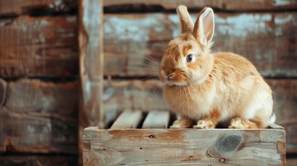 A brown lionhead rabbit bunny sitting on a wooden box from a side view