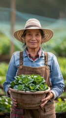Smiling older woman in a straw hat holding a potted plant in a garden