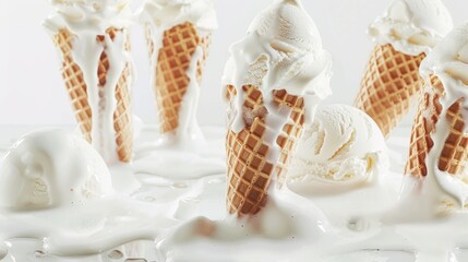 Ice cream cones melting on a white background