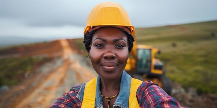 Woman in a yellow hard hat taking a selfie at a construction site with blurred machinery in the background