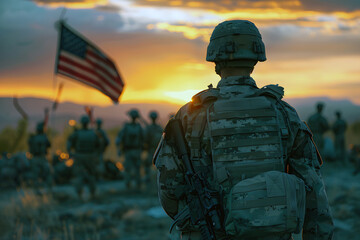 해지는 노을 풍경을 바라보는 군인들 뒷모습