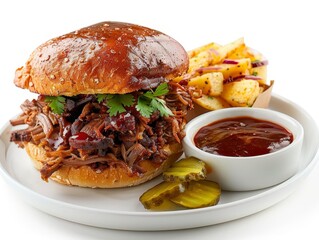 A serving of pulled pork sandwich with slowcooked pork, white background