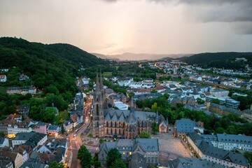 Aerial view of Wetzlar, Germany, withe the Elizabeth Church and town at dawn