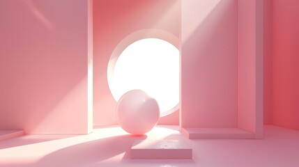 A white ball is in a pink room with a window