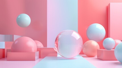 A pink and blue room with a large glass sphere in the middle