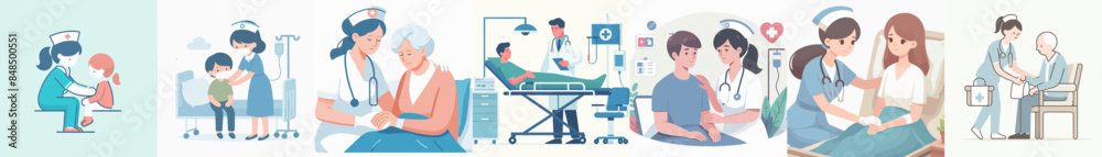 Wall mural set vector flat nurse helping sick patient