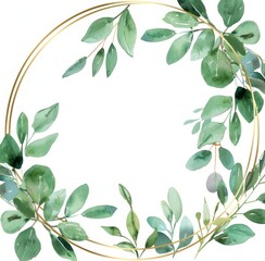 Fototapeta premium Watercolor sage green leaves and gold geometric frame border 