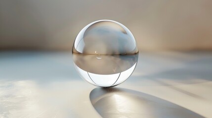 A clear glass ball is sitting on a white surface