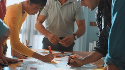 Close up of developer team using mind map to brainstorm idea. Top view of skilled group of business people working together writing marketing strategy by using markers and sticky notes. Symposium.