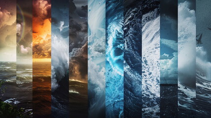 A collage of extreme weather events, including hurricanes, tornadoes, and heatwaves, underscoring the increasing frequency and intensity of such events due to climate change. Climate change