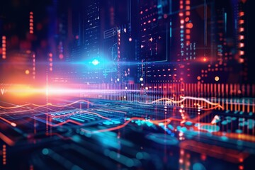 Obraz premium Abstract digital sound wave and music equalizer on dark background with circuit board, electronic equipment and technology concept Generative AI