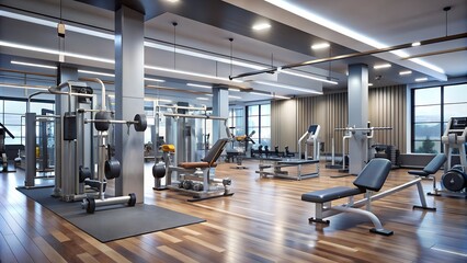 Fototapeta premium Modern Gym Interior With Equipment. Equipment And Machines At The Modern Gym Room Fitness Center