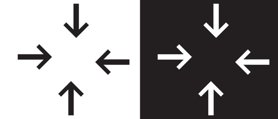 Obraz premium Inward arrows silhouette shape icon. Radial inward arrow icon set. Arrow pointing center vector on white and black background. vector illustration.