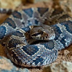 Obraz premium A Vividly Colored Rattlesnake Coiled in Defense in its Natural Habitat, Showcasing its Intricate Scale Patterns and Stealthy Stance