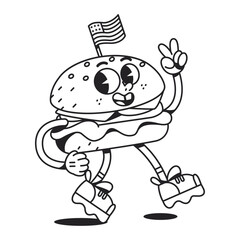 Vector Funny Hamburger Cartoon Celebrate 4th July Illustration Isolated