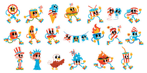 Naklejka premium Vector Happy Independence Day USA Cartoon 4Th July Set Illustration Isolated