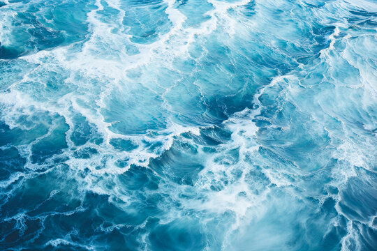 Aerial view of turbulent ocean waves with a dynamic pattern of blue water and white seafoam, capturing the energy and beauty of the sea.