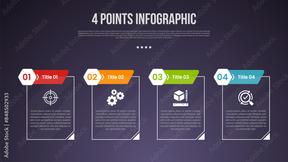 Wall mural 4 points or step process infographic with creative outline table with cutted header badge with moder