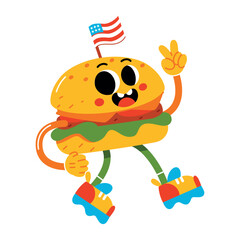 Vector Funny Hamburger Cartoon Celebrate 4th July Illustration Isolated