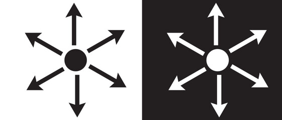 Inward arrows silhouette shape icon.  Radial inward arrow icon set. Arrow pointing center vector on white and black background. vector illustration.