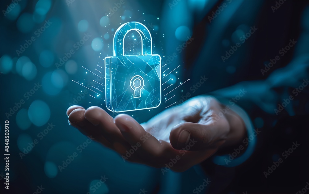 Poster Businessman holding digital padlock symbol in hand. Futuristic cybersecurity and data protection concept. Business data privacy. Internet network security technology