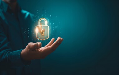 Businessman holding digital padlock symbol in hand. Futuristic cybersecurity and data protection concept. Business data privacy. Internet network security technology. Banner with copy space
