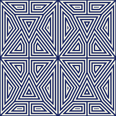 Seamless pattern with symmetric geometric ornament. Striped navy blue abstract background. Ethnic and tribal motifs. Repeated triangles wallpaper. Vector illustration