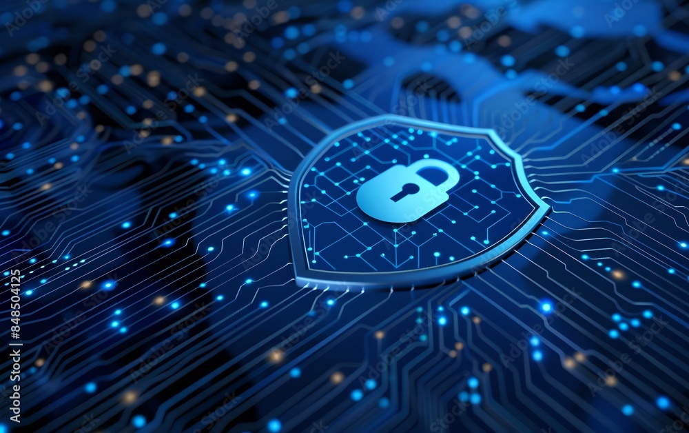 Poster digital padlock symbol in shield with circuit board background. futuristic cybersecurity and data pr