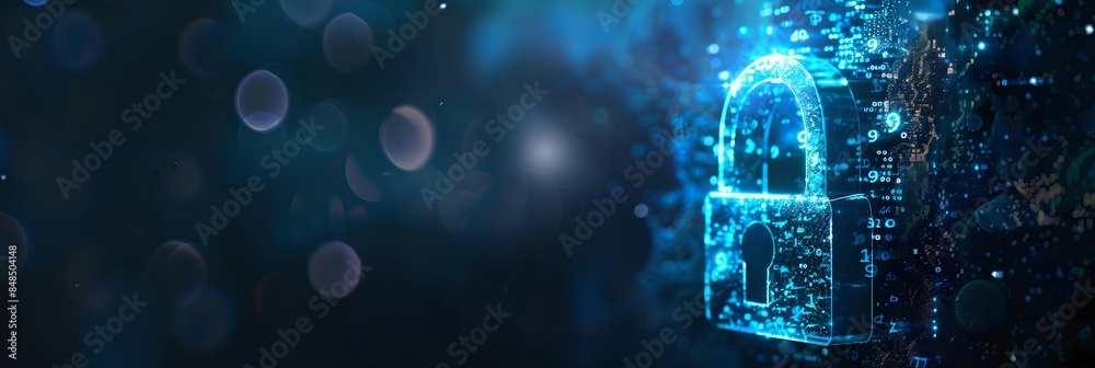 Poster Digital padlock symbol with binary code background. Futuristic cybersecurity and data protection concept. Business data privacy. Internet network security technology. Banner, header with copy space