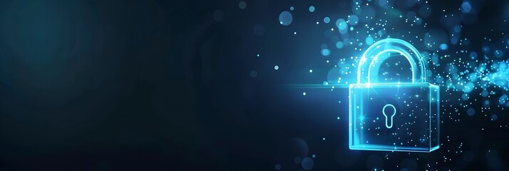 Digital padlock symbol with abstract blue background. Futuristic cybersecurity and data protection concept. Business data privacy. Internet network security technology. Banner, header with copy space