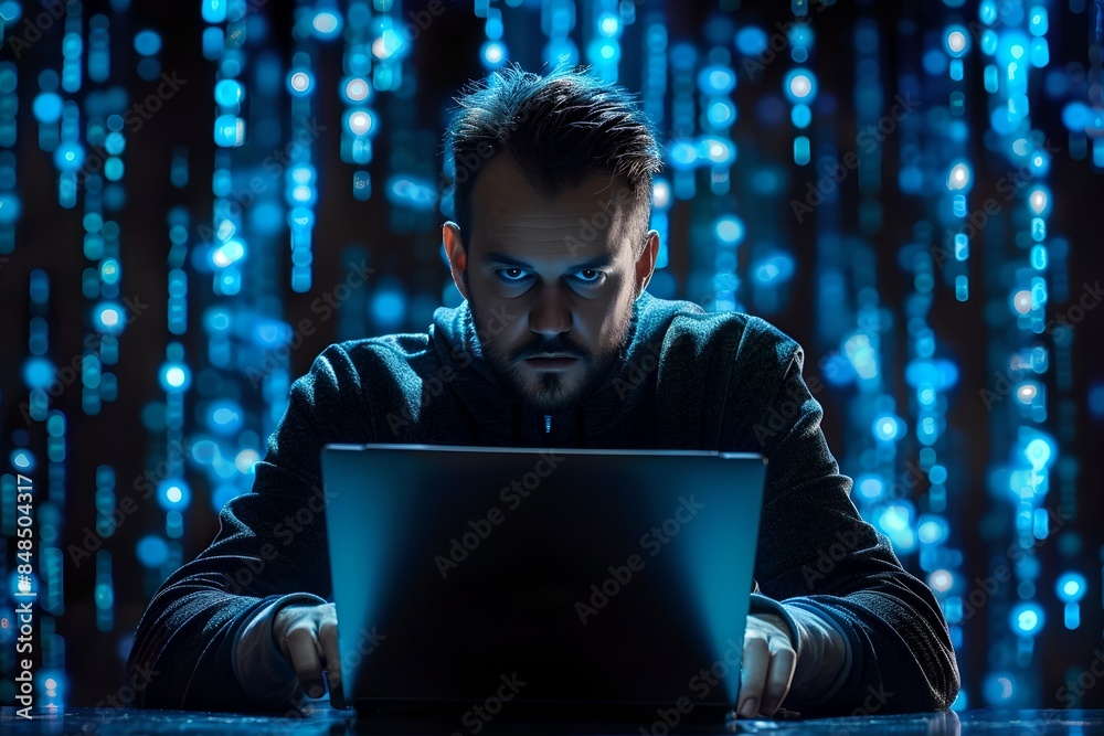 Aufkleber hacker sitting at laptop with binary code background. futuristic cybersecurity and data protection c