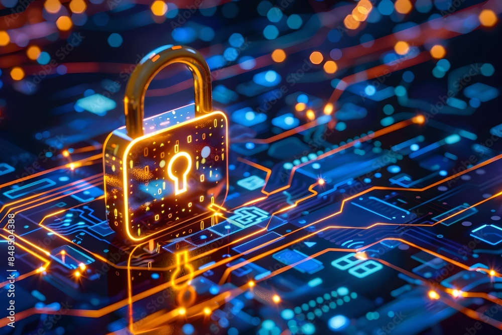 Poster digital padlock symbol with circuit board background. futuristic cybersecurity and data protection c