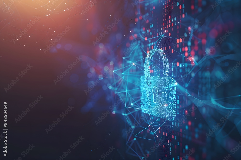Poster Digital padlock symbol with abstract network background. Futuristic cybersecurity and data protection concept. Business data privacy. Internet network security technology. Banner with copy space