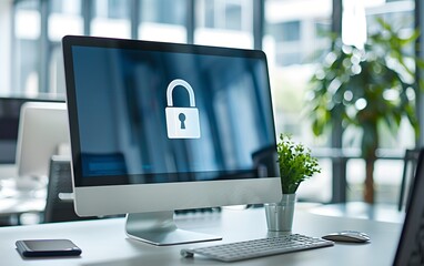 Digital padlock symbol on a computer screen in modern office. Futuristic cybersecurity and data protection concept. Business data privacy. Internet network security technology - Powered by Adobe