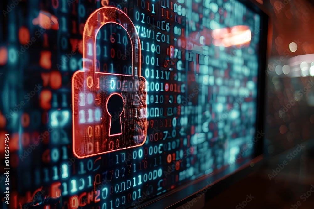 Poster Digital padlock symbol with abstract binary code background on computer screen. Futuristic cybersecurity and data protection concept. Business data privacy. Internet network security technology. 
