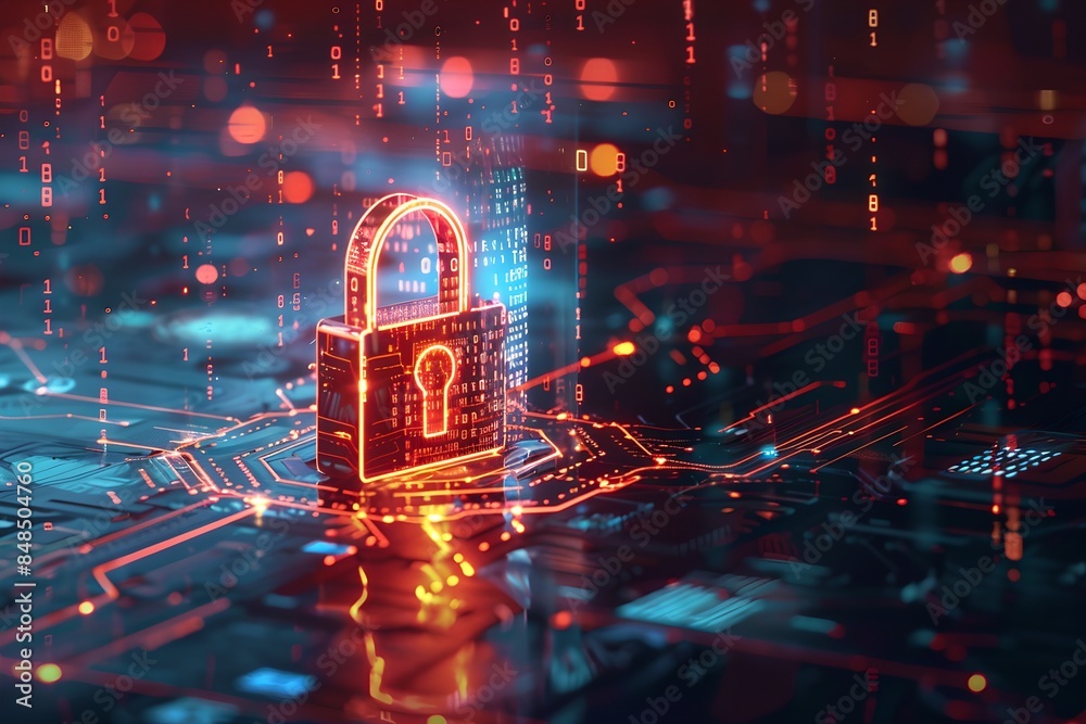Poster digital padlock symbol with circuit board background. futuristic cybersecurity and data protection c