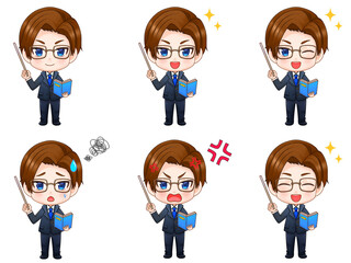 教本を持って説明する眼鏡のちびキャラ会社員男性のイラスト素材セット3
