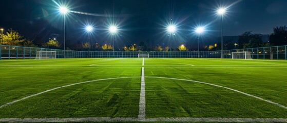 Soccer field grassy expanse marked with white lines for gameplay, lit up at night by powerful lights, setting the stage for thrilling matches and active sportsmanship