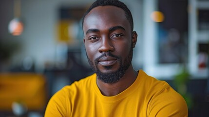 Obraz premium A young man in a yellow t-shirt looks directly at the camera with a thoughtful expression