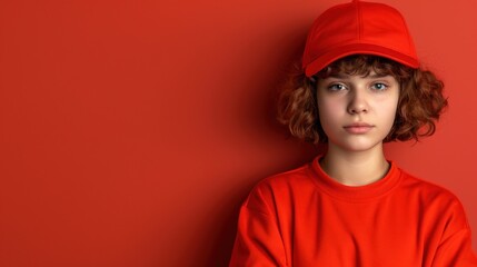 Young woman with red hat and sweatshirt gazes thoughtfully into camera against bright red background