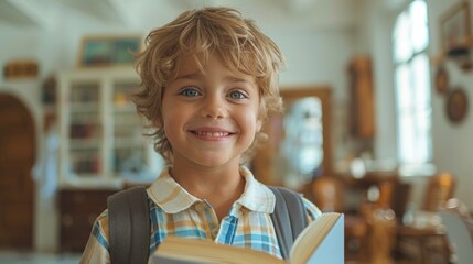 A young boy smiles brightly as he holds a book, radiating enthusiasm for learning and adventure