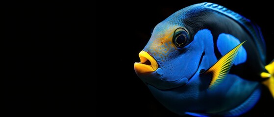 Naklejka premium Blue Tang colorful marine fish known for its vibrant blue coloration and yellow tail, often found in coral reefs and aquariums