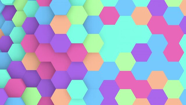 3D animation of closeup colourful hexagon pipes random waving on one half of the composition, 4K abstract animated background