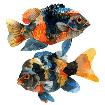 recommend clip art: Watercolor clipart vector of a Oscar fish, isolated on a white background, Oscar fish vector, Illustration painting, Graphic logo, drawing design art