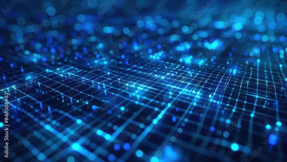 Poster blue background with glowing grid and light effects, creating an abstract digital backdrop for techn